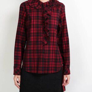 Ralph Lauren Buffalo Plaid Ruffle Shirt Top Button Long Sleeve M Red Holiday